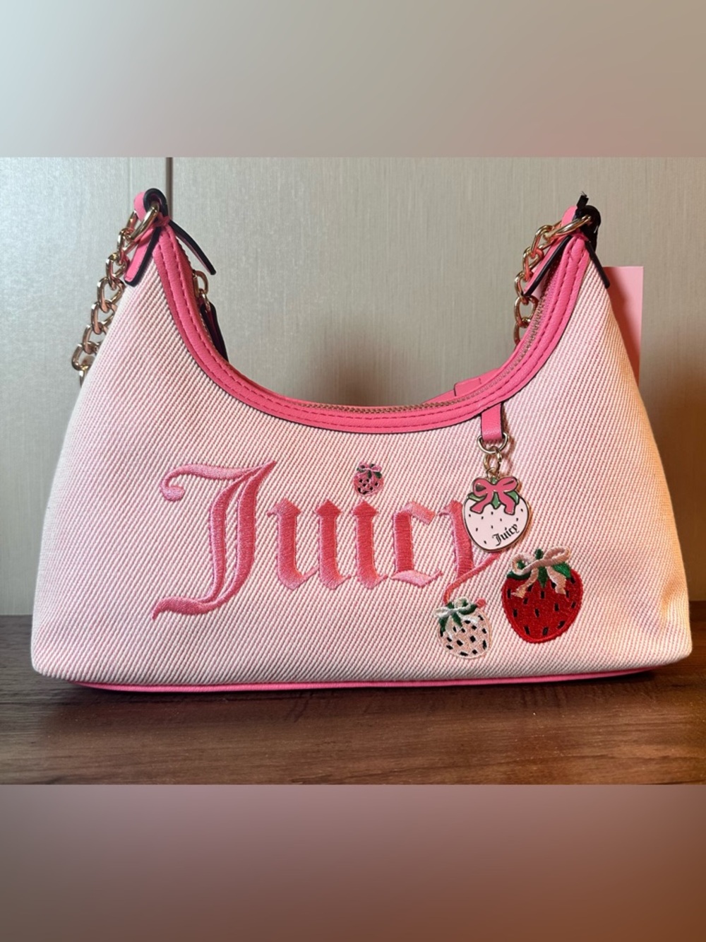 Juicy Couture Berry Sweet Hobo Shoulder Bag Pink Strawberry With Charm NEW